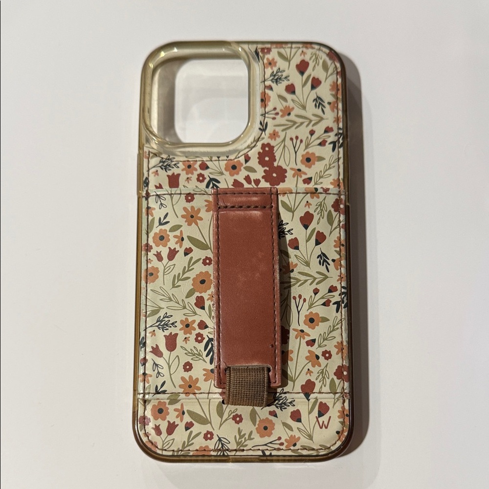 Floral iPhone 13 Pro Max Walli Pattern Phone Case with Brown Strap